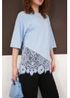 Kadın Dantel Detaylı Bebe Mavi Asimetrik Tişört