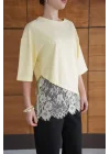 Kadın Dantel Detaylı Sarı Asimetrik Tişört