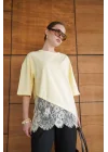 Kadın Dantel Detaylı Sarı Asimetrik Tişört