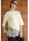 Kadın Dantel Detaylı Sarı Asimetrik Tişört