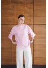 Kadın Dantel Detaylı Pudra Pembe Asimetrik Tişört