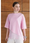 Kadın Dantel Detaylı Pudra Pembe Asimetrik Tişört