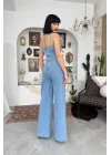 Kadın Mavi Yüksek Bel Geniş Paça Açık Mavi Jean Tulum