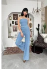 Kadın Mavi Yüksek Bel Geniş Paça Açık Mavi Jean Tulum