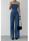 Kadın Mavi Yüksek Bel Geniş Paça Koyu Mavi Jean Tulum