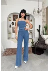 Kadın Mavi Yüksek Bel Geniş Paça Koyu Mavi Jean Tulum