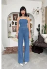 Kadın Mavi Yüksek Bel Geniş Paça Koyu Mavi Jean Tulum