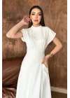 Kadın Göğüs Büzgülü Beyaz Uzun Elbise