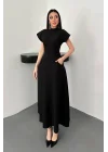 Kadın Göğüs Büzgülü Siyah Uzun Elbise