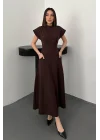 Kadın Göğüs Büzgülü Kahverengi Uzun Elbise