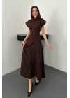Kadın Göğüs Büzgülü Kahverengi Uzun Elbise