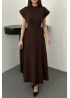Kadın Göğüs Büzgülü Kahverengi Uzun Elbise