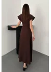 Kadın Göğüs Büzgülü Kahverengi Uzun Elbise