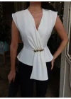 Kadın Linda Kumaş Aksesuarlı Beyaz Kruvaze Bluz