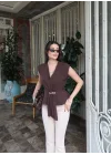Kadın Linda Kumaş Aksesuarlı Kahve Kruvaze Bluz