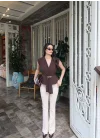 Kadın Linda Kumaş Aksesuarlı Kahve Kruvaze Bluz