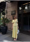 Kadın Sarı Piliseli Etekli Blazer Takım