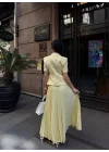 Kadın Sarı Piliseli Etekli Blazer Takım