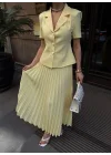 Kadın Sarı Piliseli Etekli Blazer Takım