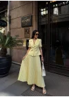Kadın Sarı Piliseli Etekli Blazer Takım