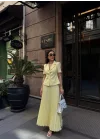 Kadın Sarı Piliseli Etekli Blazer Takım