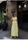 Kadın Sarı Piliseli Etekli Blazer Takım