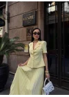 Kadın Sarı Piliseli Etekli Blazer Takım