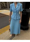 Kadın Bebe Mavi Piliseli Etekli Blazer Takım