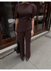 Kadın Balon Kol Palazzo Kahve İkili Takım