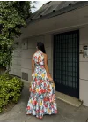 Kadın Çok Renkli Çiçek Desenli Halter Yaka Elbise