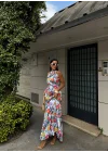 Kadın Çok Renkli Çiçek Desenli Halter Yaka Elbise