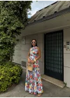 Kadın Çok Renkli Çiçek Desenli Halter Yaka Elbise