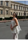 Kadın Straplez Yırtmaçlı Şifon Detaylı Beyaz Abiye Elbise