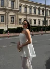 Kadın Straplez Yırtmaçlı Şifon Detaylı Beyaz Abiye Elbise