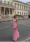 Kadın Straplez Yırtmaçlı Şifon Detaylı Pudra Pembe Abiye Elbise