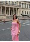 Kadın Straplez Yırtmaçlı Şifon Detaylı Pudra Pembe Abiye Elbise