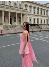 Kadın Straplez Yırtmaçlı Şifon Detaylı Pudra Pembe Abiye Elbise