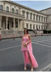 Kadın Straplez Yırtmaçlı Şifon Detaylı Pudra Pembe Abiye Elbise