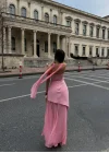 Kadın Straplez Yırtmaçlı Şifon Detaylı Pudra Pembe Abiye Elbise