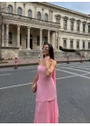 Kadın Straplez Yırtmaçlı Şifon Detaylı Pudra Pembe Abiye Elbise