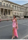 Kadın Straplez Yırtmaçlı Şifon Detaylı Pudra Pembe Abiye Elbise