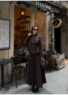 Kadın Çift Cepli Kruvaze Ceket ve Pileli Kahverengi Etek Takım