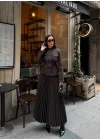 Kadın Çift Cepli Kruvaze Ceket ve Pileli Kahverengi Etek Takım