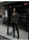 Kadın Sırtı Kuşgözü Bağlama Detaylı Haki Blazer Ceket