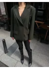 Kadın Sırtı Kuşgözü Bağlama Detaylı Haki Blazer Ceket