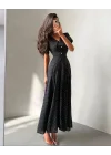 Kadın Puantiyeli Yırtmaçlı Uzun Siyah Elbise