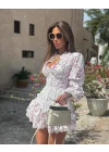 Çiçek Desenli Korse Detaylı Volanlı Beyaz Mini Elbise