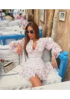 Çiçek Desenli Korse Detaylı Volanlı Beyaz Mini Elbise