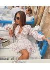 Çiçek Desenli Korse Detaylı Volanlı Beyaz Mini Elbise