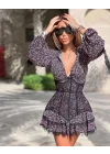 Çiçek Desenli Korse Detaylı Volanlı Siyah Mini Elbise